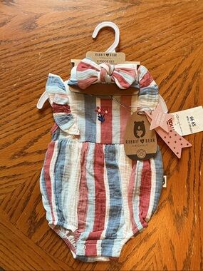 Rabbit & Bear Organic Striped Baby Romper Set in Pink, Blue, Cream with Headband
